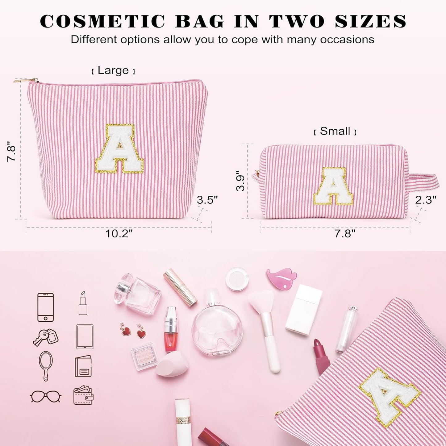Christmas Gifts for Girls - Initial Makeup Bag, Teen Girl Gifts Trenty Stuff Cute Cosmetic Bag Set, Stocking Stuffers Christmas Brithday Gift for Girls, Light Pink A