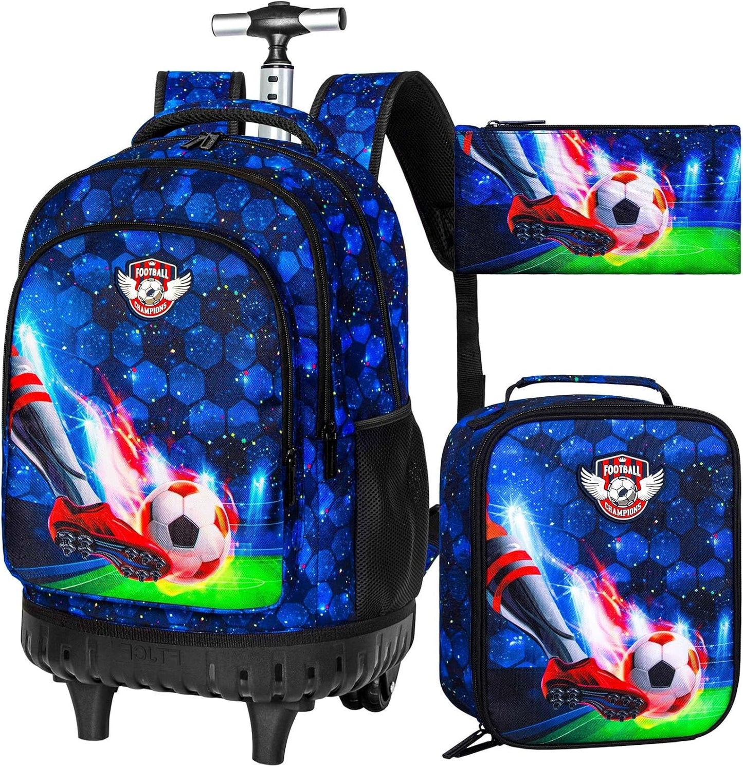 WZLVO 3PCS Rolling Backpack for Boys, 21 Inch Dinosaur Roller School Bookbag with Lunch Bag, Water Resistant Wheeled Backpacks for Teens Boys Elementary Travel