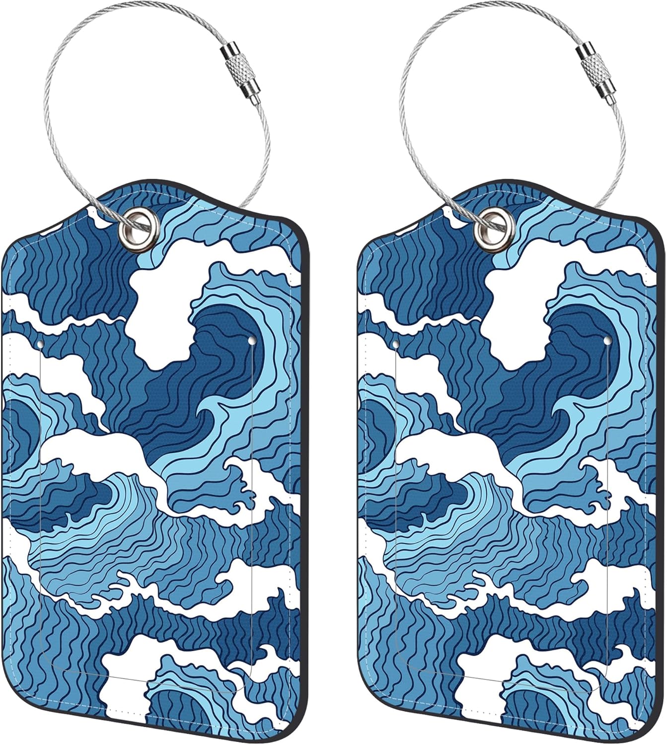 2 Pack Luggage Tags for Suitcase,Japanese Abstract Waves PU Leather Idea Baggage Tag with Name Labels Privacy Cover Metal Ring Men and Women Travel Cruise Labels