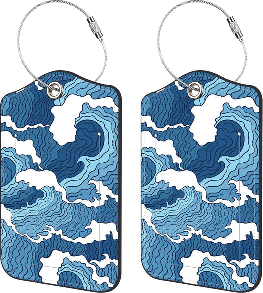 2 Pack Luggage Tags for Suitcase,Japanese Abstract Waves PU Leather Idea Baggage Tag with Name Labels Privacy Cover Metal Ring Men and Women Travel Cruise Labels