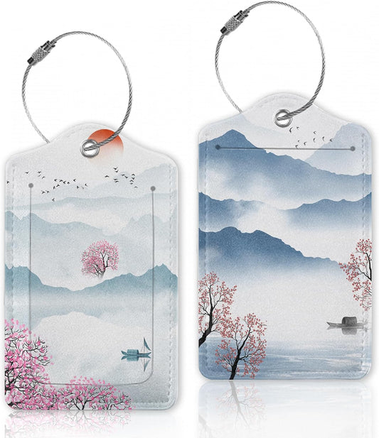 2 Pcs Luggage Tag for Suitcases,Japanese Cherry Blossom and Mountain Leather Baggage Tags Identifiers for Travel, Privacy Protection Travel Bag Labels Suitcase Tags for Women Men