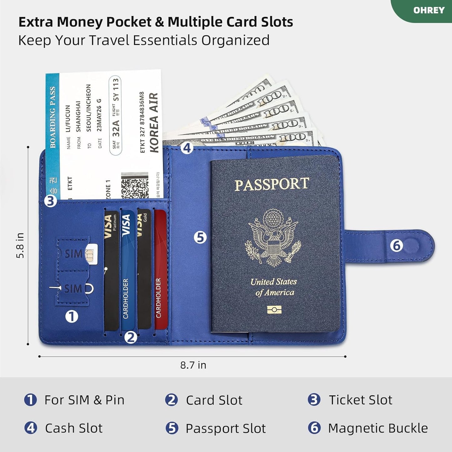 Passport Holder for Travel Family with Slot for AirTag & Luggage Tag Cover, – RFID Blocking Passport Wallet for Women & Men | PU Leather Passport Cover Case with Money Pocket – Blue