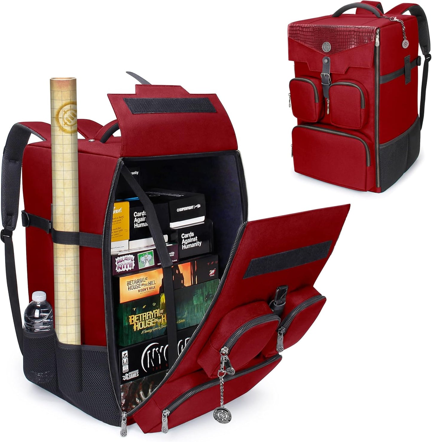 ENHANCE Collector's Edition Board Game Backpack - Reinforced Rigid Board Game Storage with Padded Shoulder Straps, Carrying Handle, and Accessories Pockets for Dice, Card Games, More (Dragon Red)