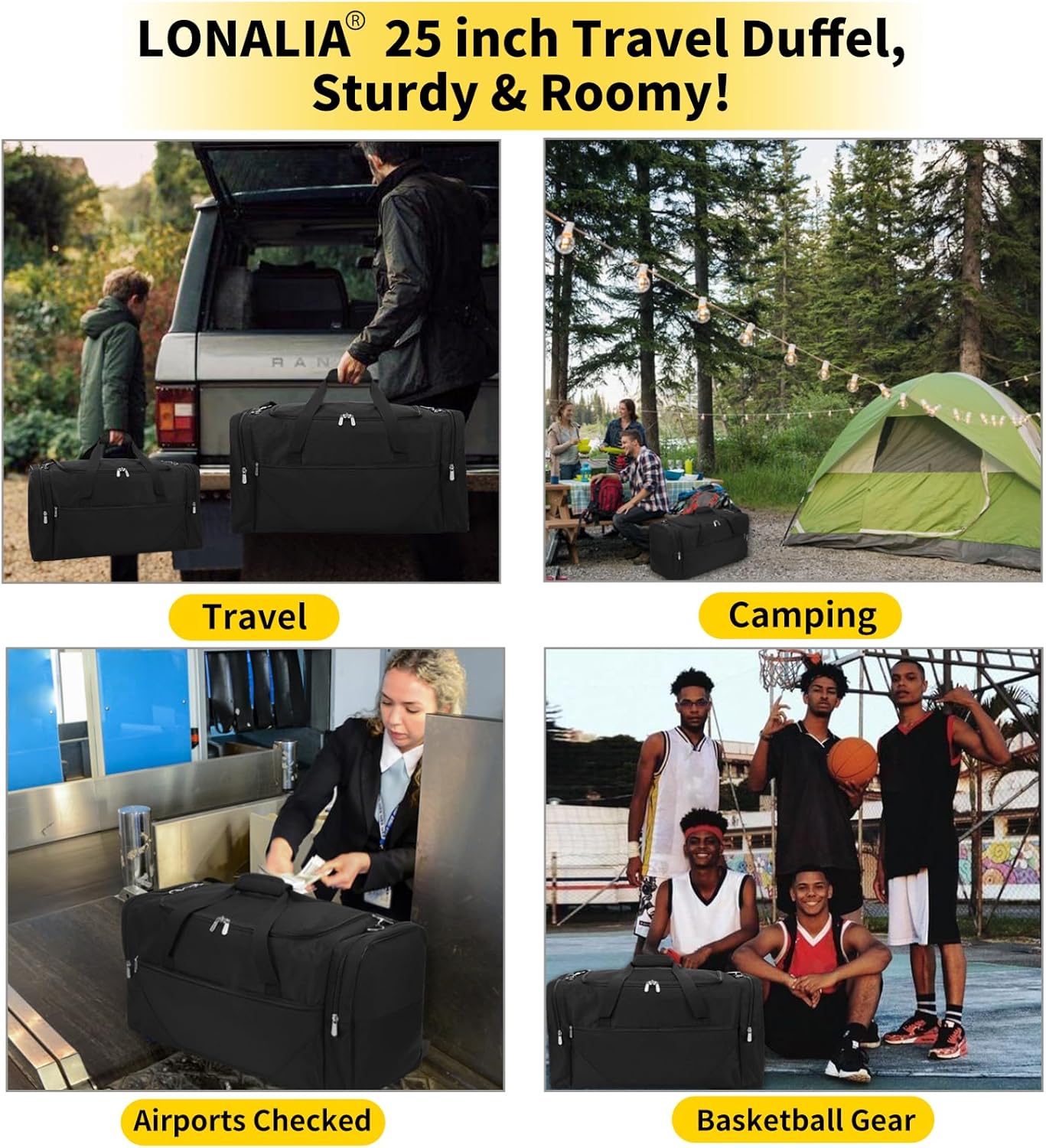 25 in Large Travel Duffel Bag for Men - 56L Roomy Weekender Bag with Trolley Sleeve (Black)