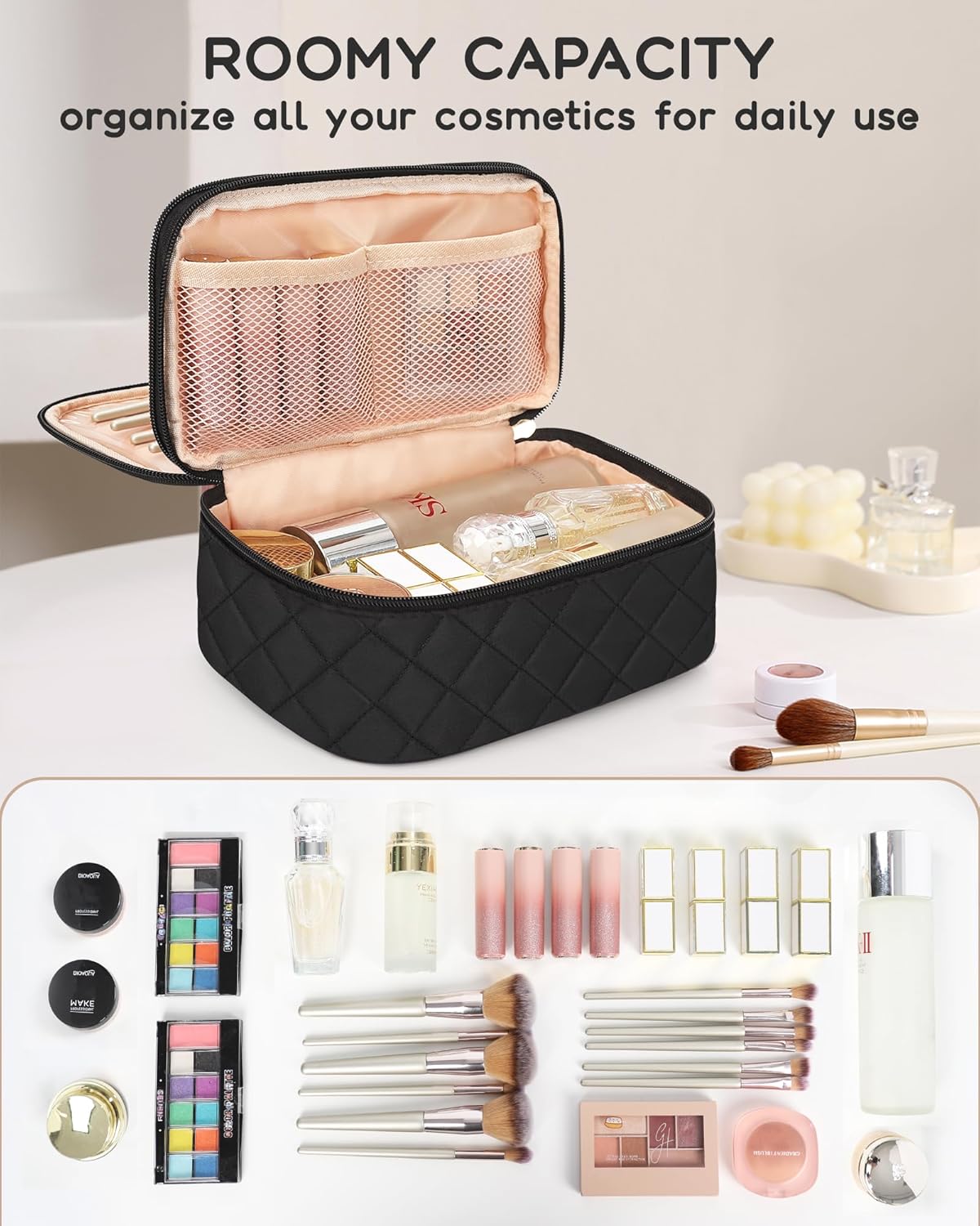 Relavel Makeup Bag, Small Makeup Bag for Women, Travel Cosmetic Bag, 2 Layers Waterproof Makeup
