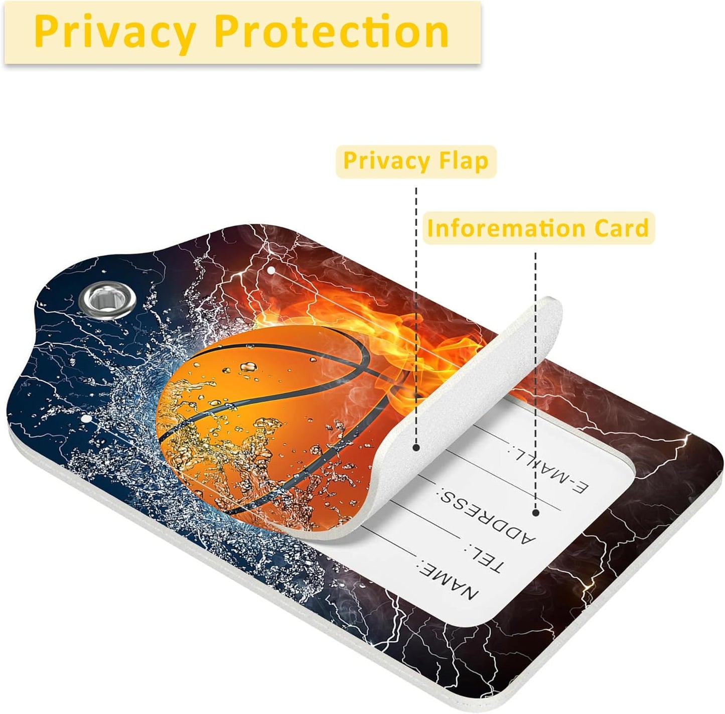 2 Pack Luggage Tags for Suitcases,Basketball on Fire and Water Luggage Tag,PU Leather Id Label Luggage Tags with Stainless Steel Loop and Privacy Cover for Women Men Teens Travel