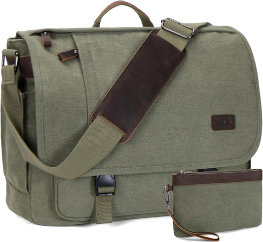 Nerlion Messenger Bag for Men 17-17.3 Inch Laptop Bag Canvas Water-resistant Computer Bag Shoulder Bag Work Briefcase Bookbag for College (Green)