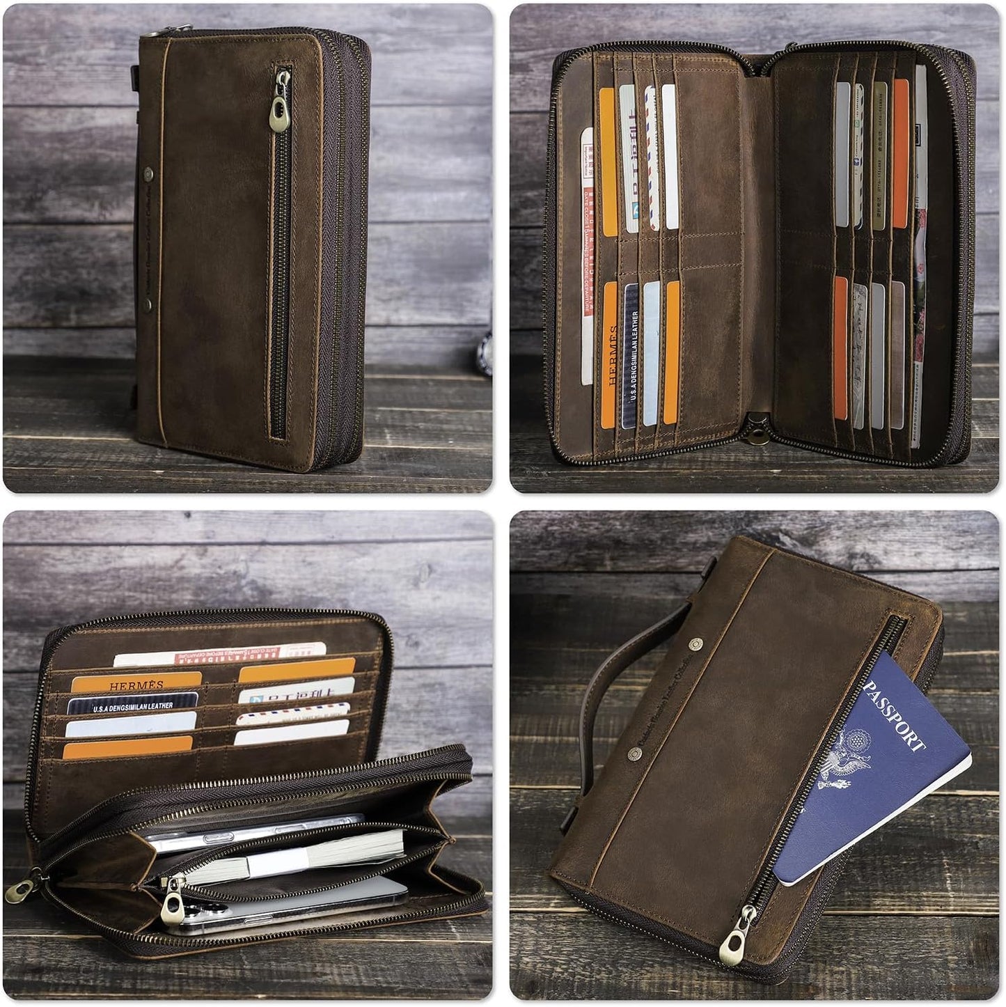 Top Grain Genuine Leather Clutch Wallet Bag with Hand Strap for Man & Woman, Handmade Minimalist Vintage Design, 2 Zip Pockets & Multi Slots, RFID Large Capacity for Cards/Phone/Check/Banknote, Coffee