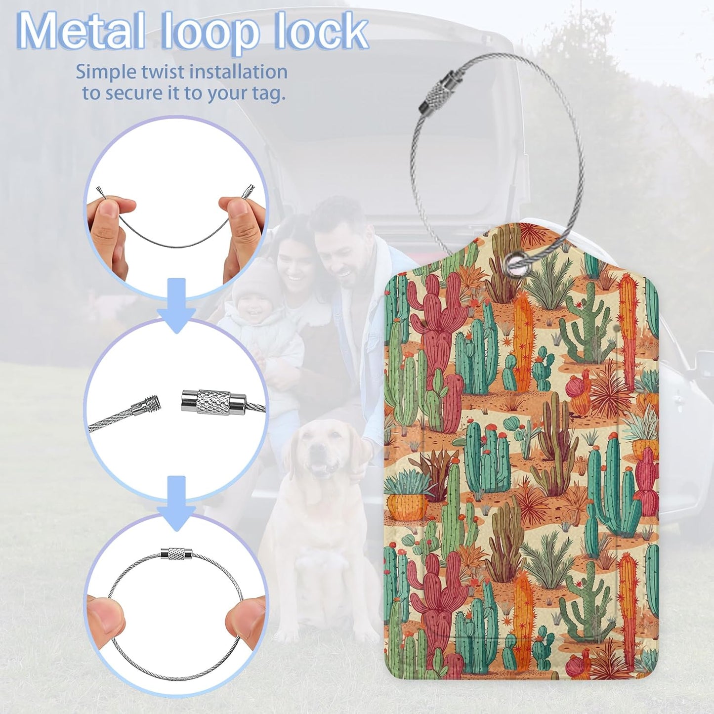 Cactus 2 Pack PU Leahter Luggage Tag,Desert Cactus Flower Leather Suitcase Tags with Privacy Cover Name Address Labels and Metal Ring,Quickly Spot for Bags