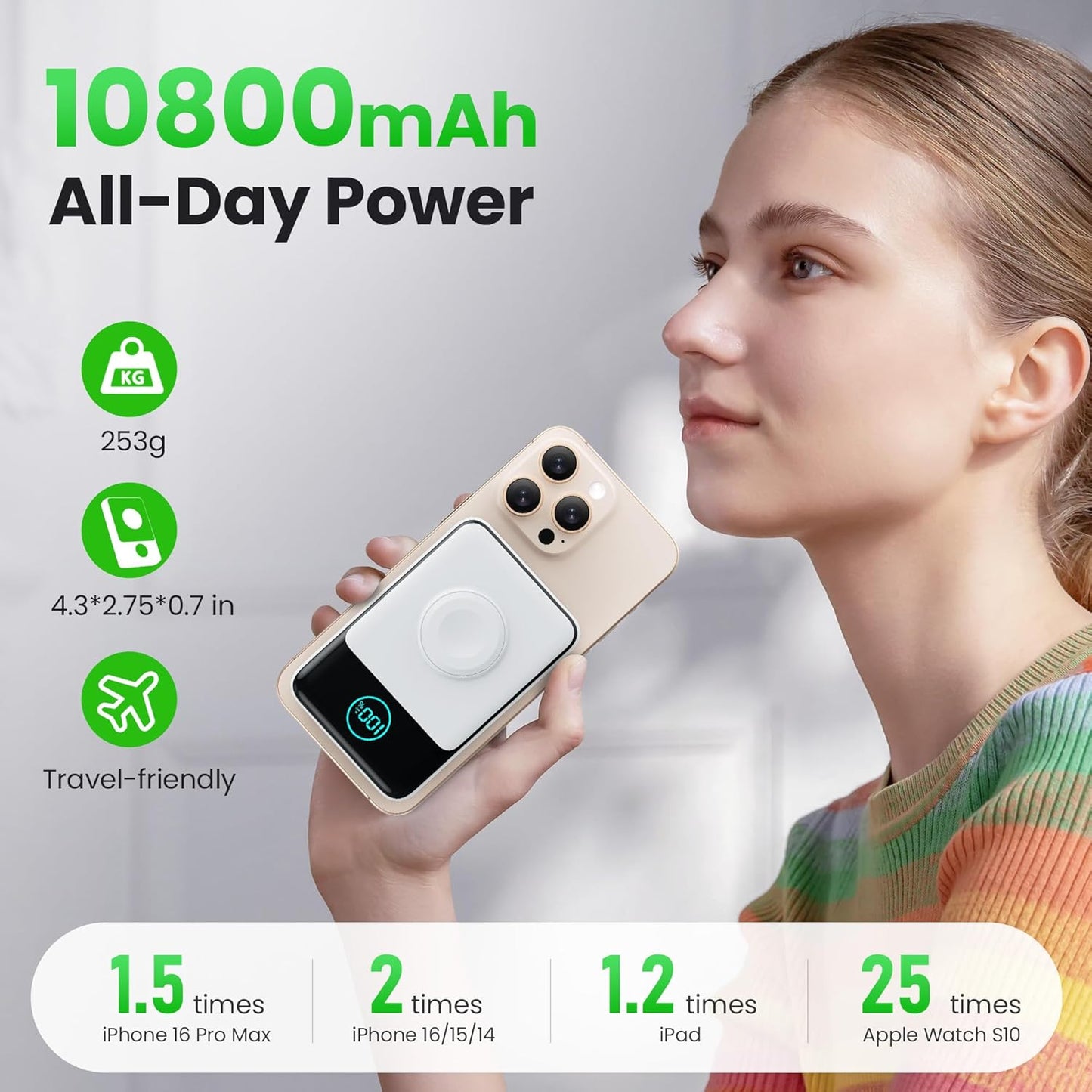Magnetic Portable Charger for iPhone, 10800mAh Qi2 15W Wireless Power Bank with iWatch Charger,30W PD Fast Charging USB-C Travel Essentials Battery Pack for Magsafe,iPhone 17/16/15/14/13, Apple Watch