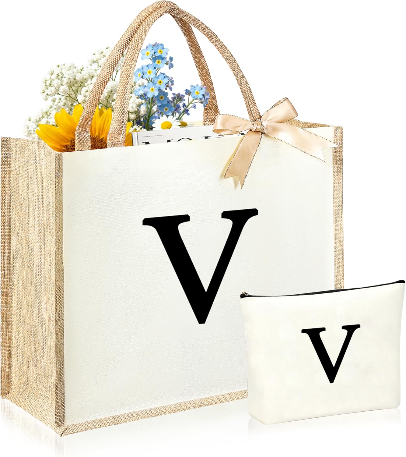 Initial Canvas Tote Bag & Makeup Bag for Women Teacher Bridesmaids，Personalized Present for Wedding, Birthday, Beach