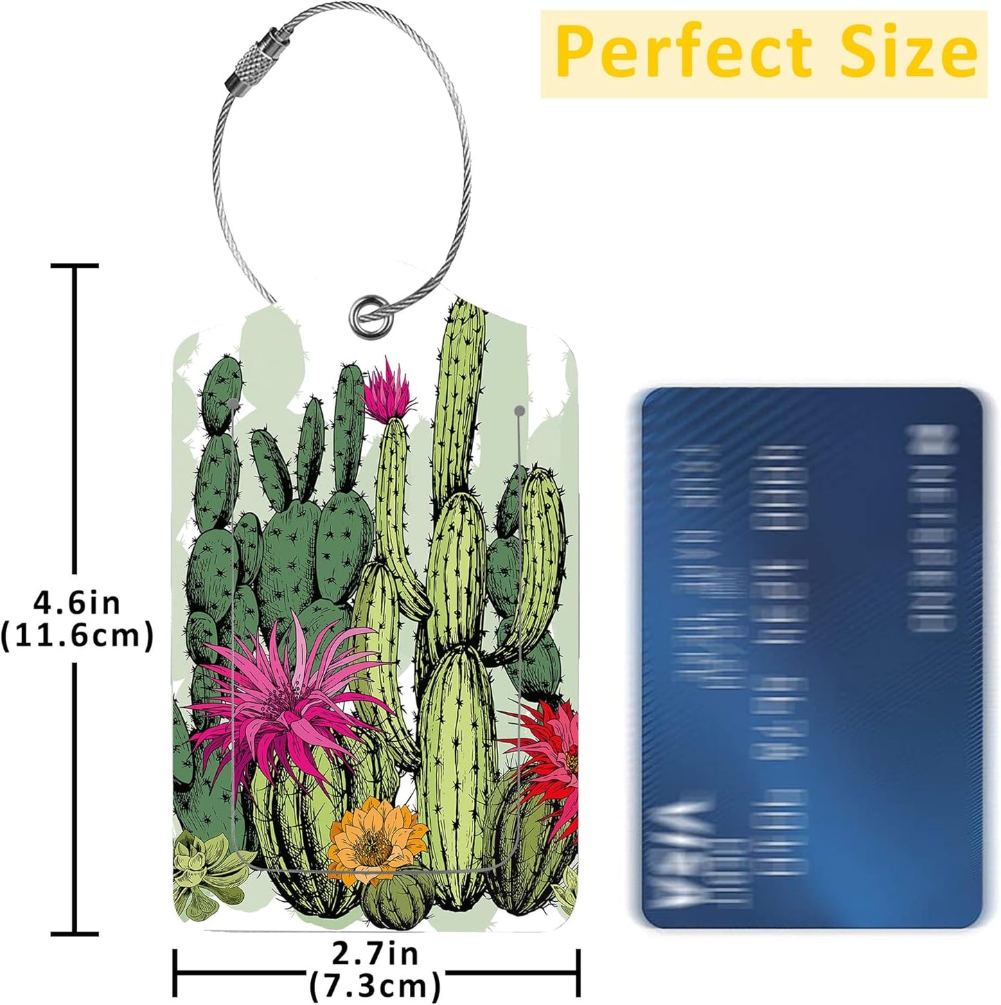 2 Pack Luggage Tags for Suitcases,Green Cactus Plants with Flowers Luggage Tag,PU Leather Id Label Luggage Tags with Stainless Steel Loop and Privacy Cover for Women Men Teens Travel