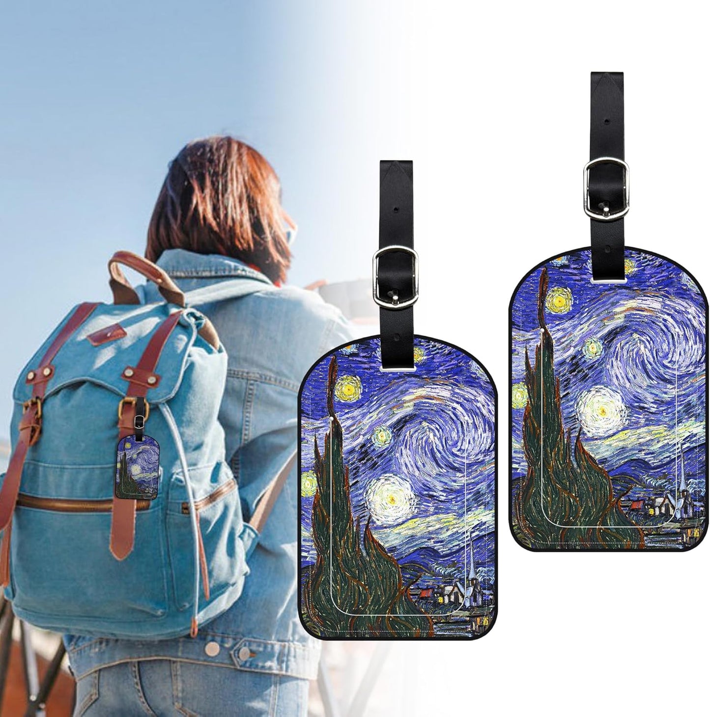 2 Pack Luggage Tags The Starry Night PU Leather Baggage Handbag Suitcase Tags with Secure Strap Privacy Cover ID Labels,Business Travel Baggage Tag Identifier