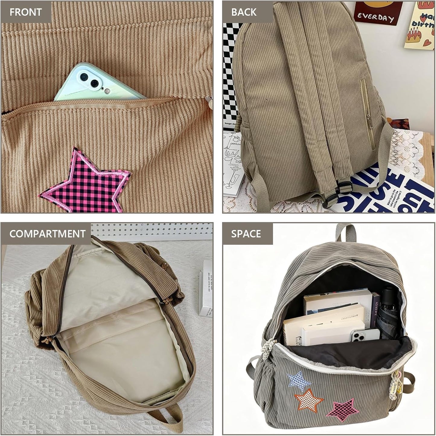 Corduroy Backpack with Star Pattern, Trendy and Versatile, Fits 14'' Laptop Large Capacity Daily Commute (Khaki)