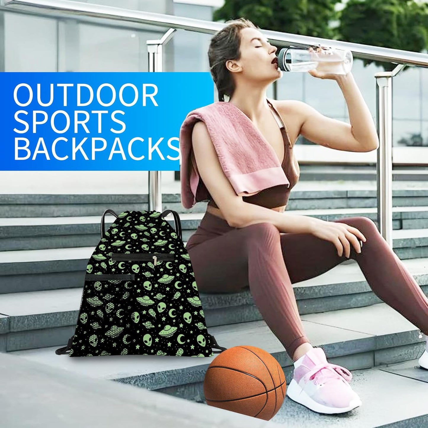 Drawstring Backpack Sports Gym Bag, Large String Swim Bag for Beach With Water Bottle Mesh Pocket, Cute Gym Sack with Zipper Pocket for Men Women Cute Green Alien