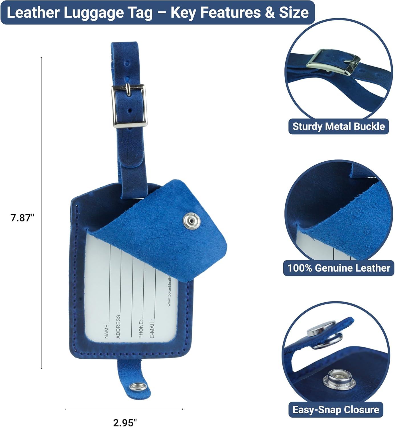Toprank Leather Genuine Luggage Tags – Durable Leather Bag Tags for Travel, Baggage & Accessories (Blue)