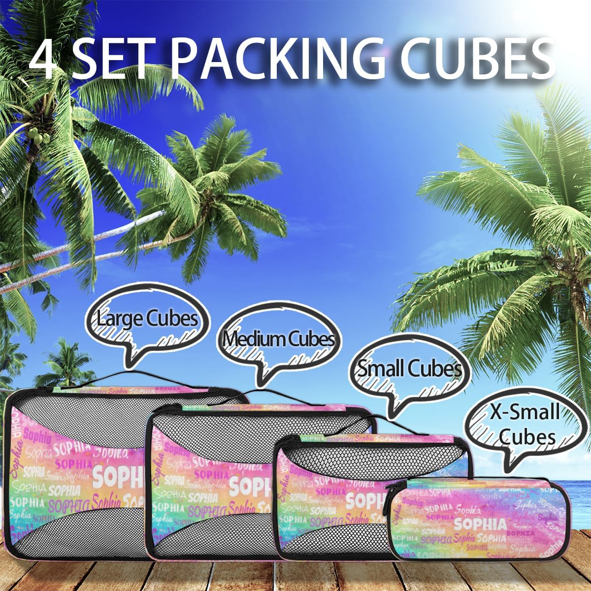 Personalized Name 4 Set Packing Cubes Luggage Packing Organizers Travel Accessories for Women Girls, Colorful Pink Watercolor