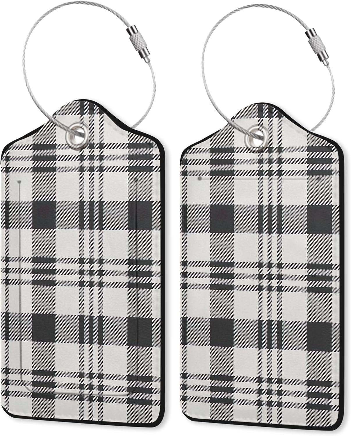 2 Pack Leather Luggage Tag for Suitcase Black White Plaid Checkered Unique Travel Tags with Privacy Cover ID Label & Stainless Steel Loop for Men and Women Baggage