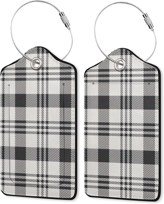 2 Pack Leather Luggage Tag for Suitcase Black White Plaid Checkered Unique Travel Tags with Privacy Cover ID Label & Stainless Steel Loop for Men and Women Baggage