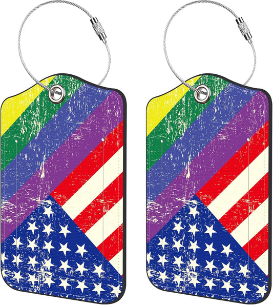 2 Pack Luggage Tags for Suitcase,Gay Flag PU Leather Idea Baggage Tag with Name Labels Privacy Cover Metal Ring Men and Women Travel Cruise Labels