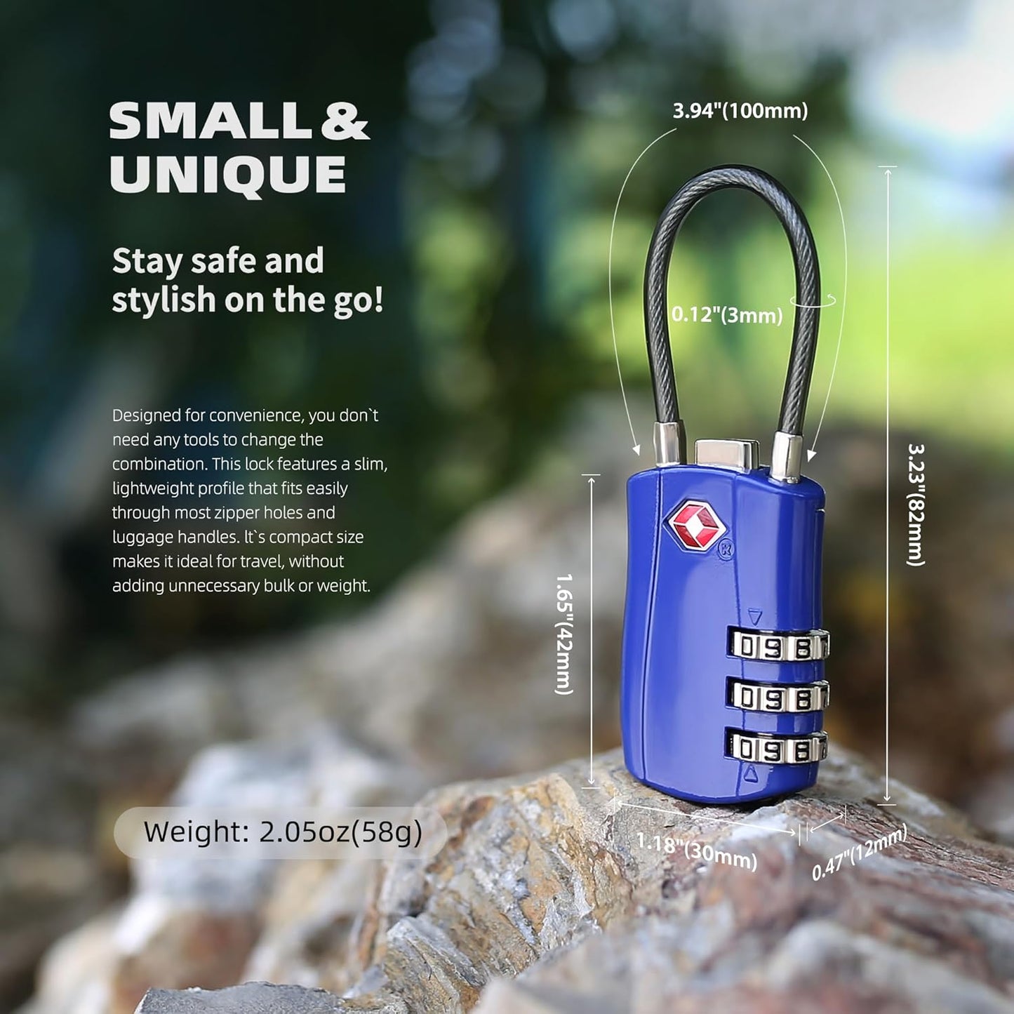 TSA Locks for Luggage, Small Padlock Combination with Cable, Luggage Locks TSA Approved, Combo Padlock with Code, for Travel Suitcase, Gym Locker, Gun Case, Backpack Zipper (Black+Blue)