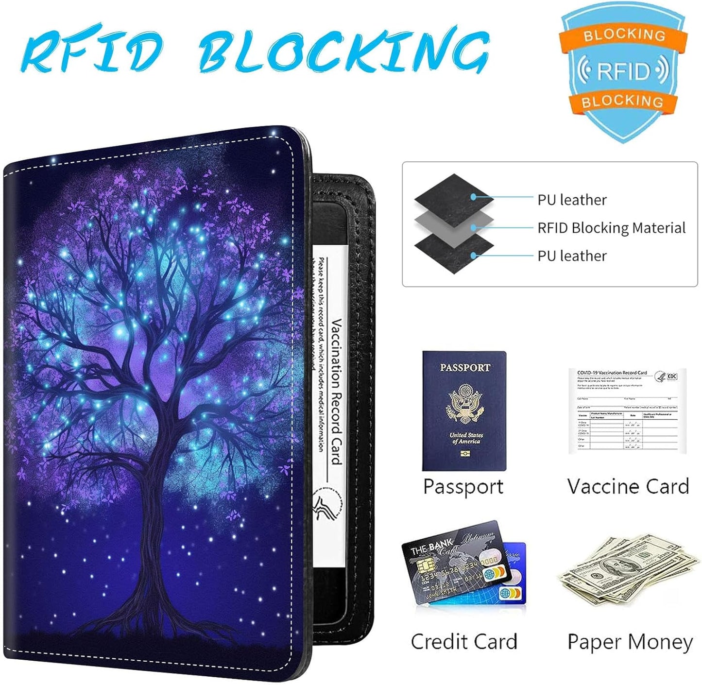 Passport Holder Cover Wallet Travel Essentials RFID Blocking Case Leather Passport Cover Wallet Vaccine Card Slot Organizer for Men Women, Fluorescent Tree