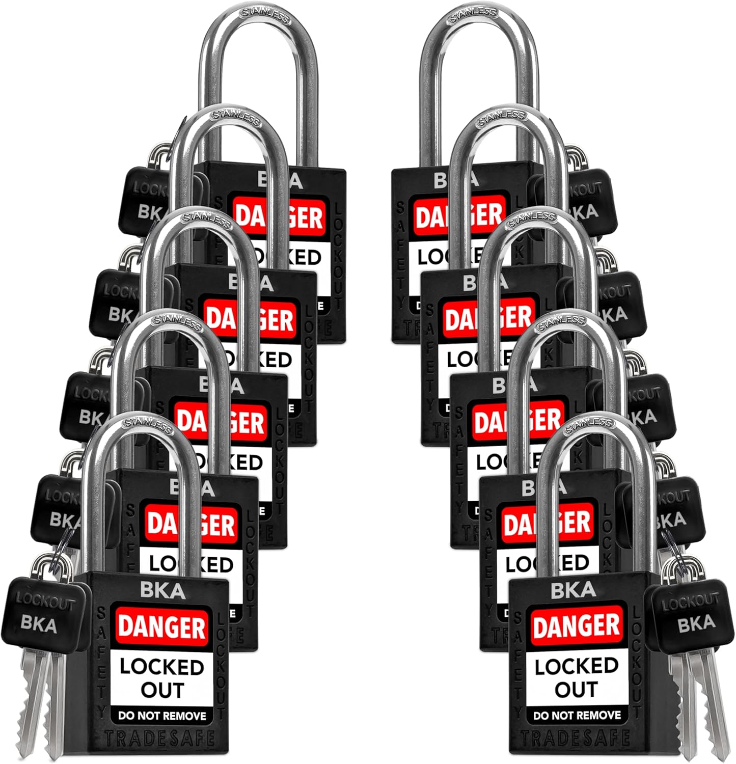 TRADESAFE Lockout Tagout Lock Sets, 10 Black Keyed Alike Unlimited Grouping Safety Padlocks, 2 Keys Per Lock, OSHA Compliant Loto Locks