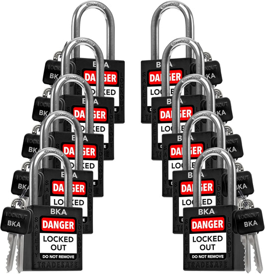 TRADESAFE Lockout Tagout Lock Sets, 10 Black Keyed Alike Unlimited Grouping Safety Padlocks, 2 Keys Per Lock, OSHA Compliant Loto Locks
