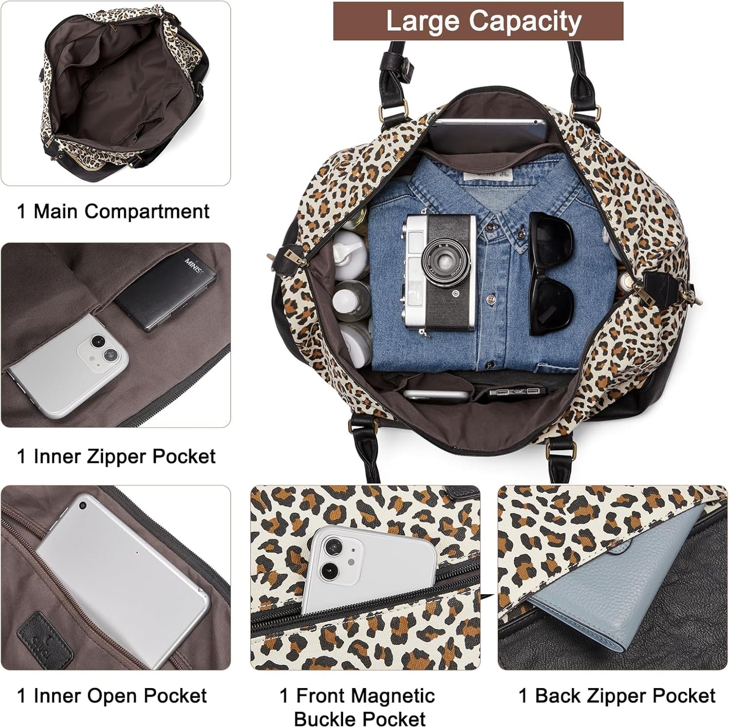 CLUCI Weekender Bag for Women Canvas Large Overnight Travel Duffel Bag with Shoe Compartment Leopard Pattern with Black