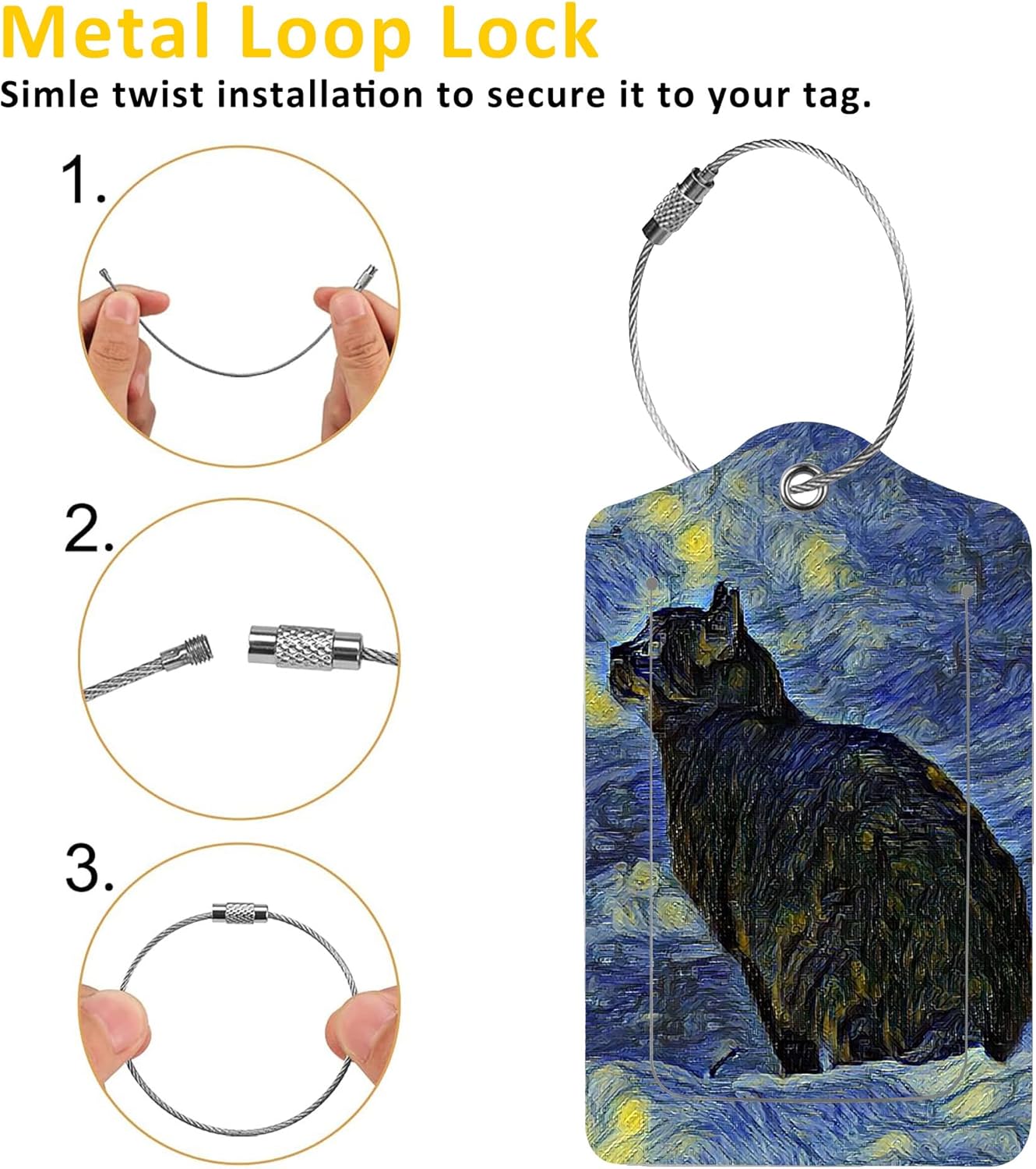 2 Pack Luggage Tag for Suitcase,Shambhala Cat in Vincent Van Gogh PU Leather Suitcase Tags Identifiers with Privacy Name Address Labels and Durable Steel Loop for Women Men Travel