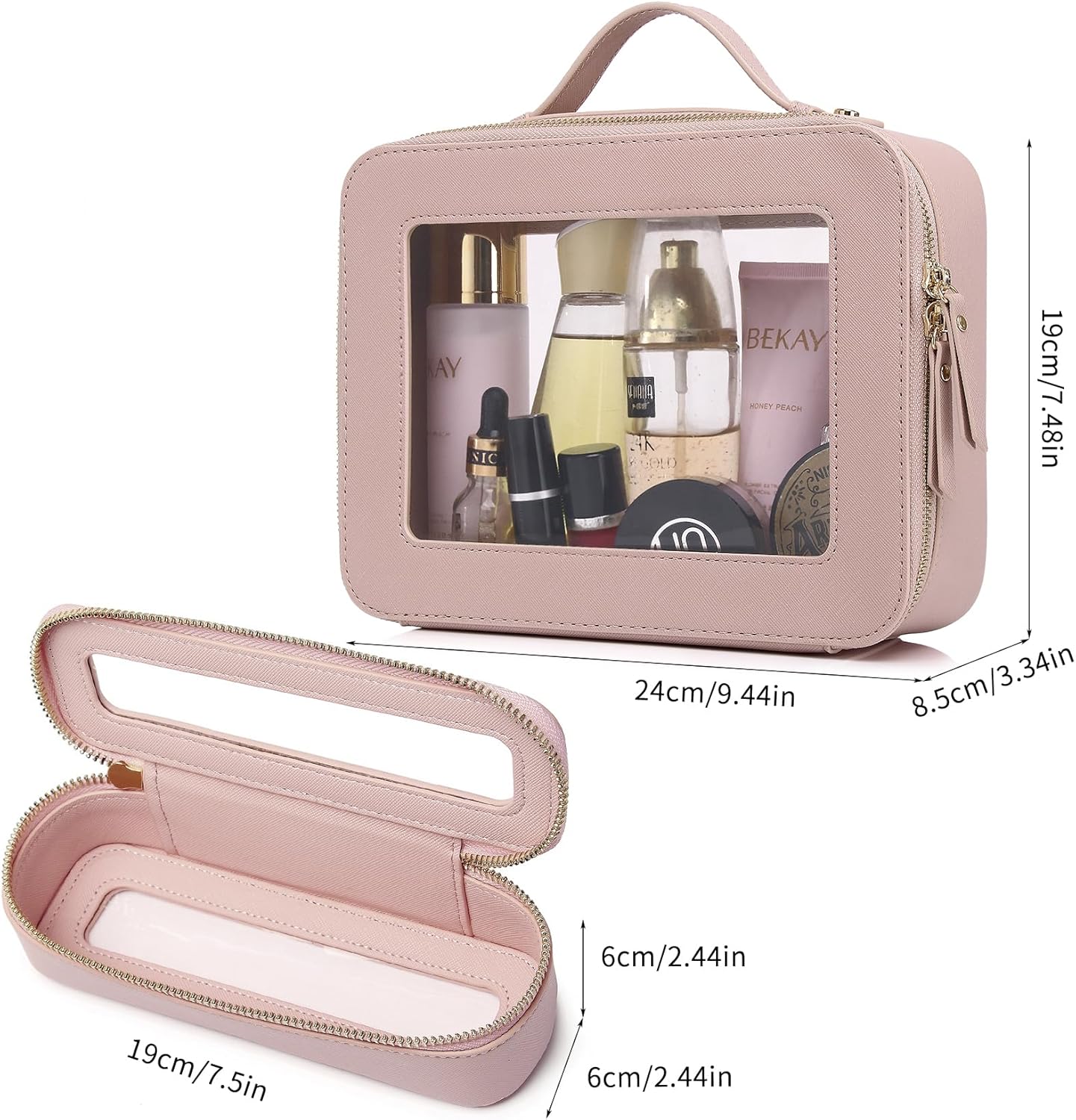 Travel Makeup Bag with Brush Case Portable Transparent Cosmetic Bag and Toiletry Bag Waterproof Makeup Organizer with Zipper Car Essential for Women (Pink, L+Slim)