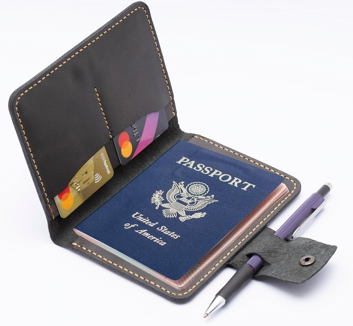 Handmade Passport Leather Case, Wallet Credit Card Holder (Dark Grey)