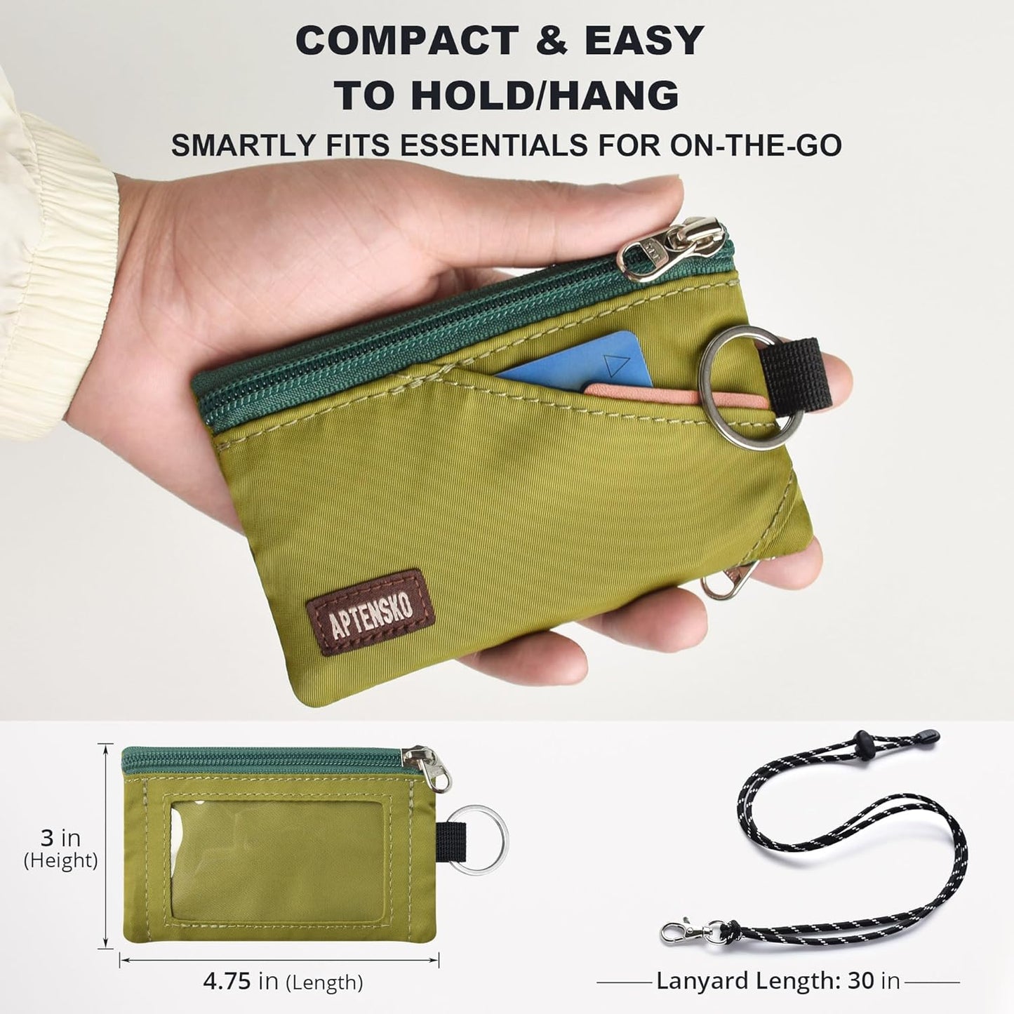 RFID Travel Wallet with Adjustable Lanyard-Zipper Small Wallet with ID Card Holder, Keychain for women&men-Minimalist Slim Waterproof Nylon case for ID, Cash, Key (Olive Green)