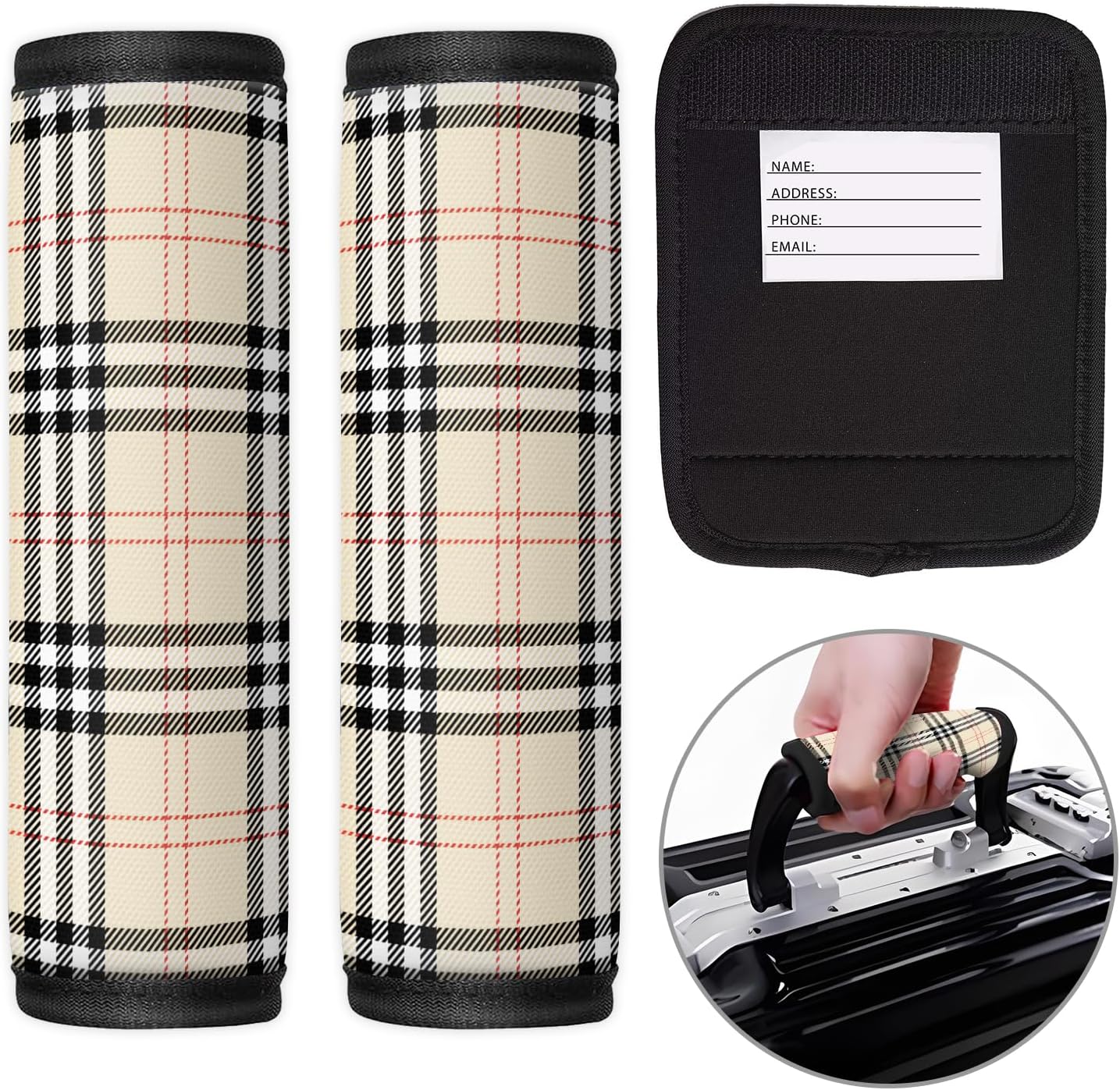 2 Pack Luggage Handle Wrap Travel Tags - Set of Luggage Tags for Suitcases, Identifiers, Marker, and Handle Covers - Cruise Accessories and Travel Gifts（Beige Tartan Plaid