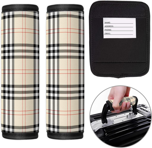 2 Pack Luggage Handle Wrap Travel Tags - Set of Luggage Tags for Suitcases, Identifiers, Marker, and Handle Covers - Cruise Accessories and Travel Gifts（Beige Tartan Plaid