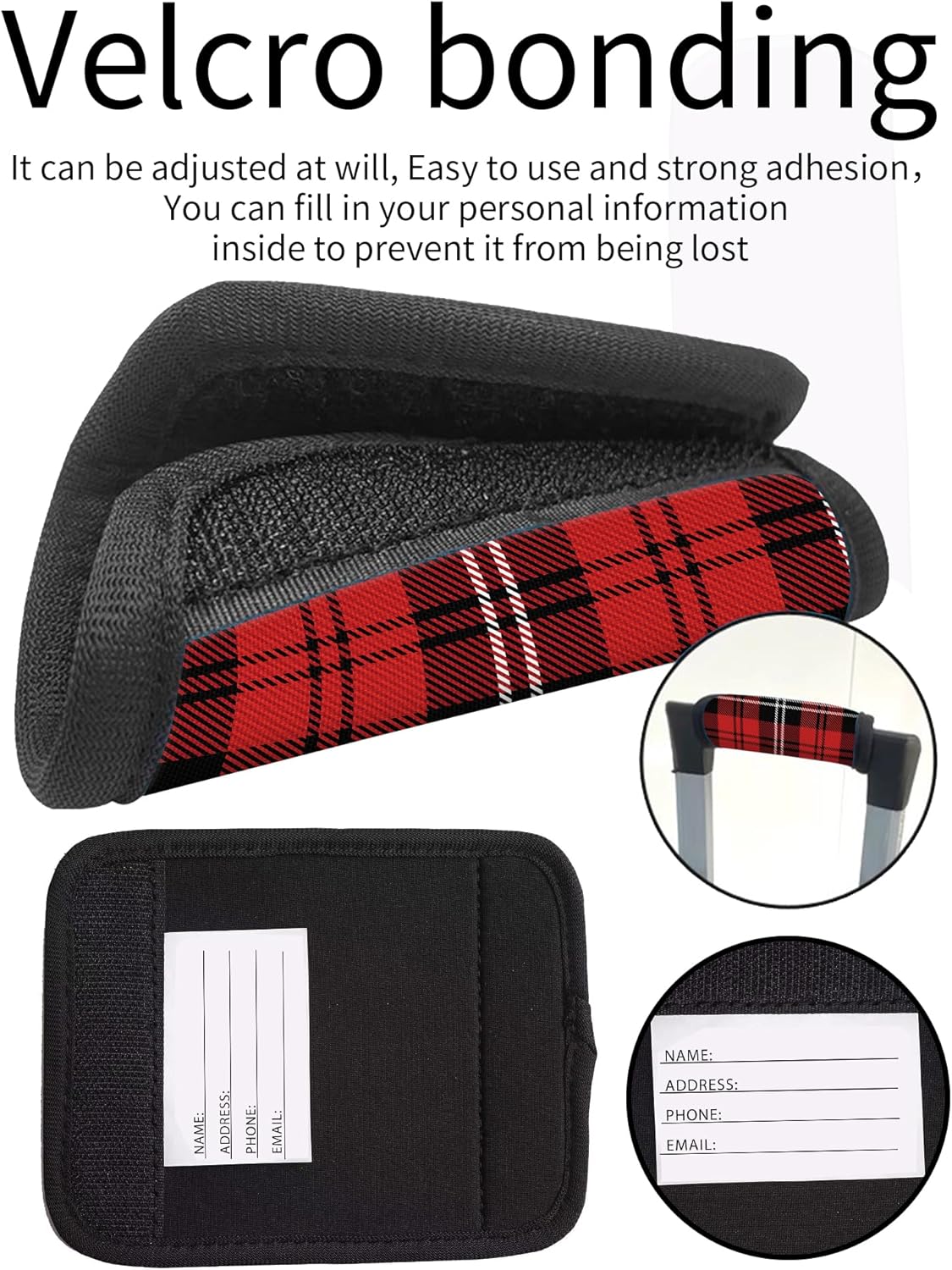2 Pack Luggage Handle Wrap Travel Tags - Set of Luggage Tags for Suitcases, Identifiers, Marker, and Handle Covers - Cruise Accessories and Travel Gifts（Red Tartan Plaid