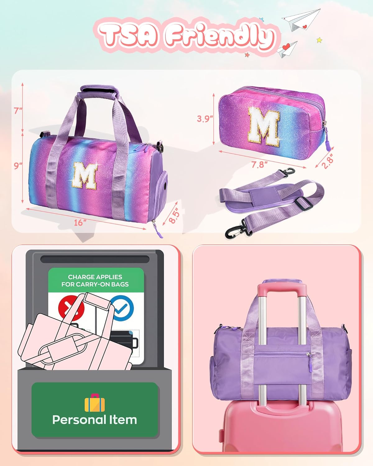 Teen Girls Birthday Gifts-Girl Gym Bag with Shoe Compartment, Kid Personalized Weekender Overnight Bags, Initial Travel Tote with Makeup Pouch, Birthday Gift for Sister Daughter (Letter J)