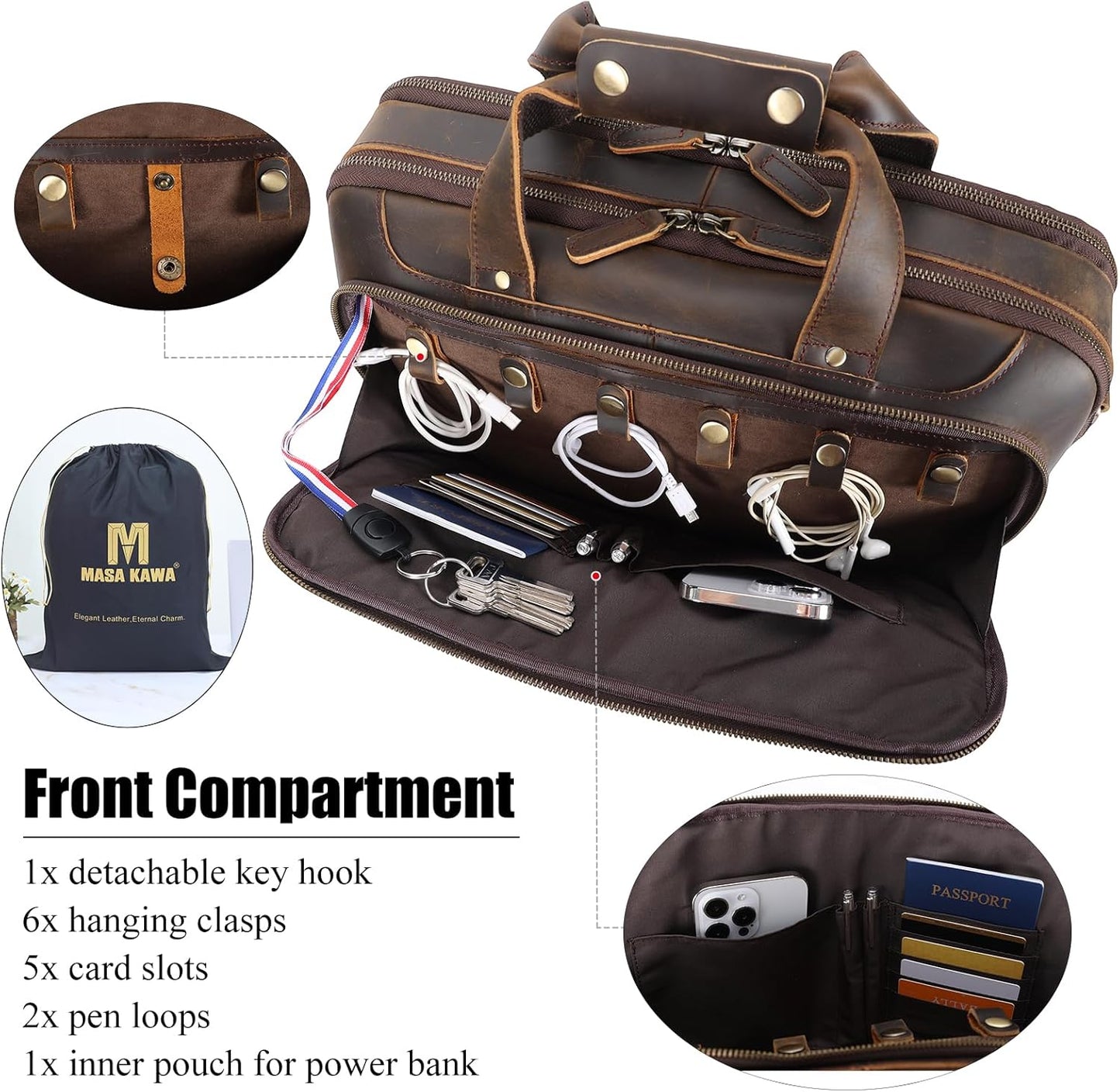 Masa Kawa Leather Briefcases Laptop Bag for Men for 15.6 inch Computer Vintage Brown Crossbody Shoulder Messenger Bags, Business Travel Office Work Teacher Organizer Professional Brief Case Handbag