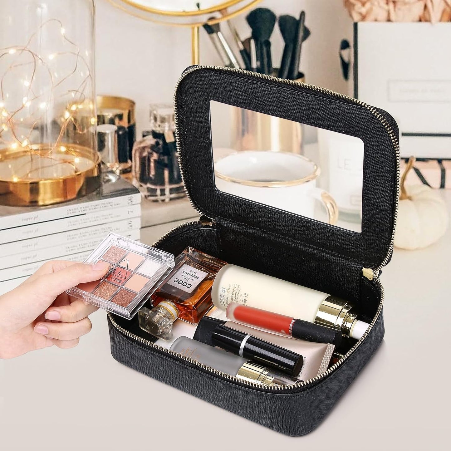 Clear Makeup Bag Women's Waterproof Travel Cosmetic Case and Toiletry Bag Portable Makeup Organizer Bag Car Essential with Zipper (Black, M-1)
