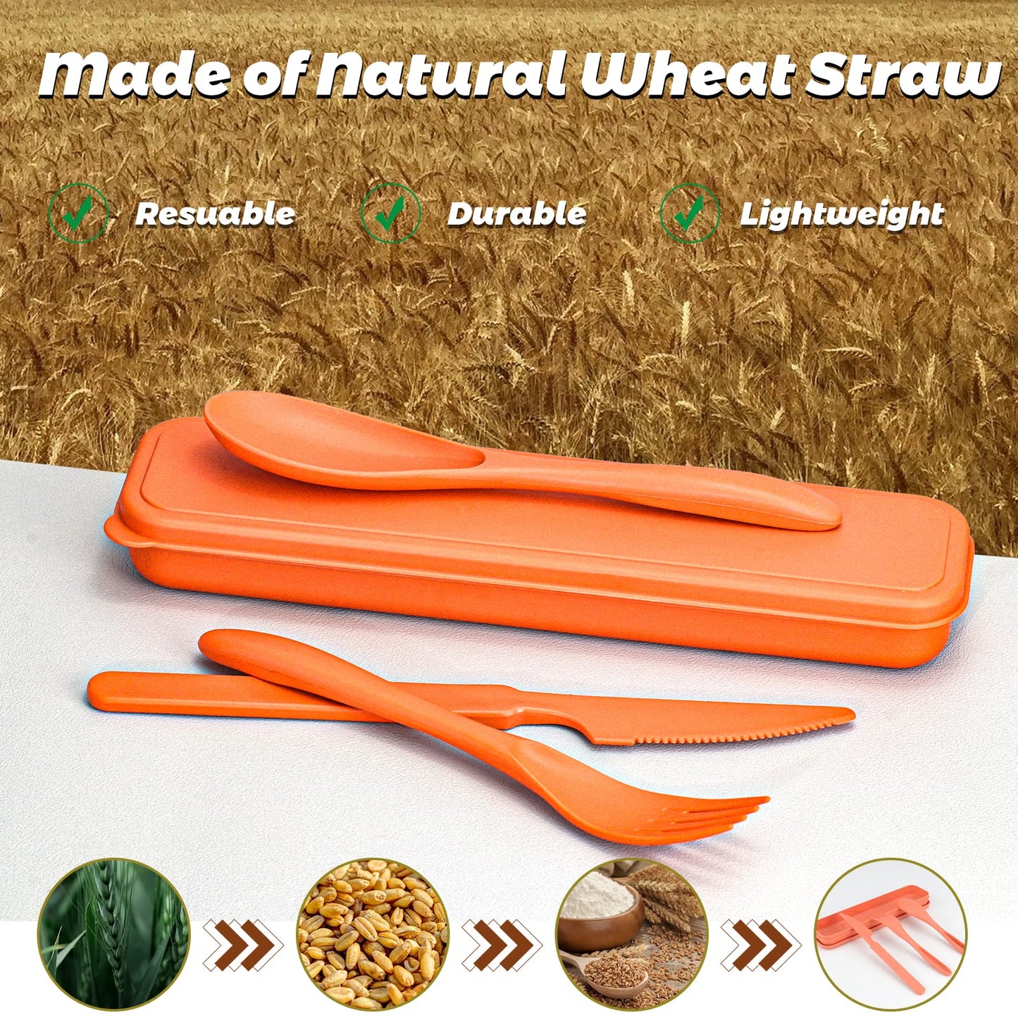 Reusable Travel Utensils Set with Case, 4 Sets Wheat Straw Portable Plastic Fork Spoons Knife