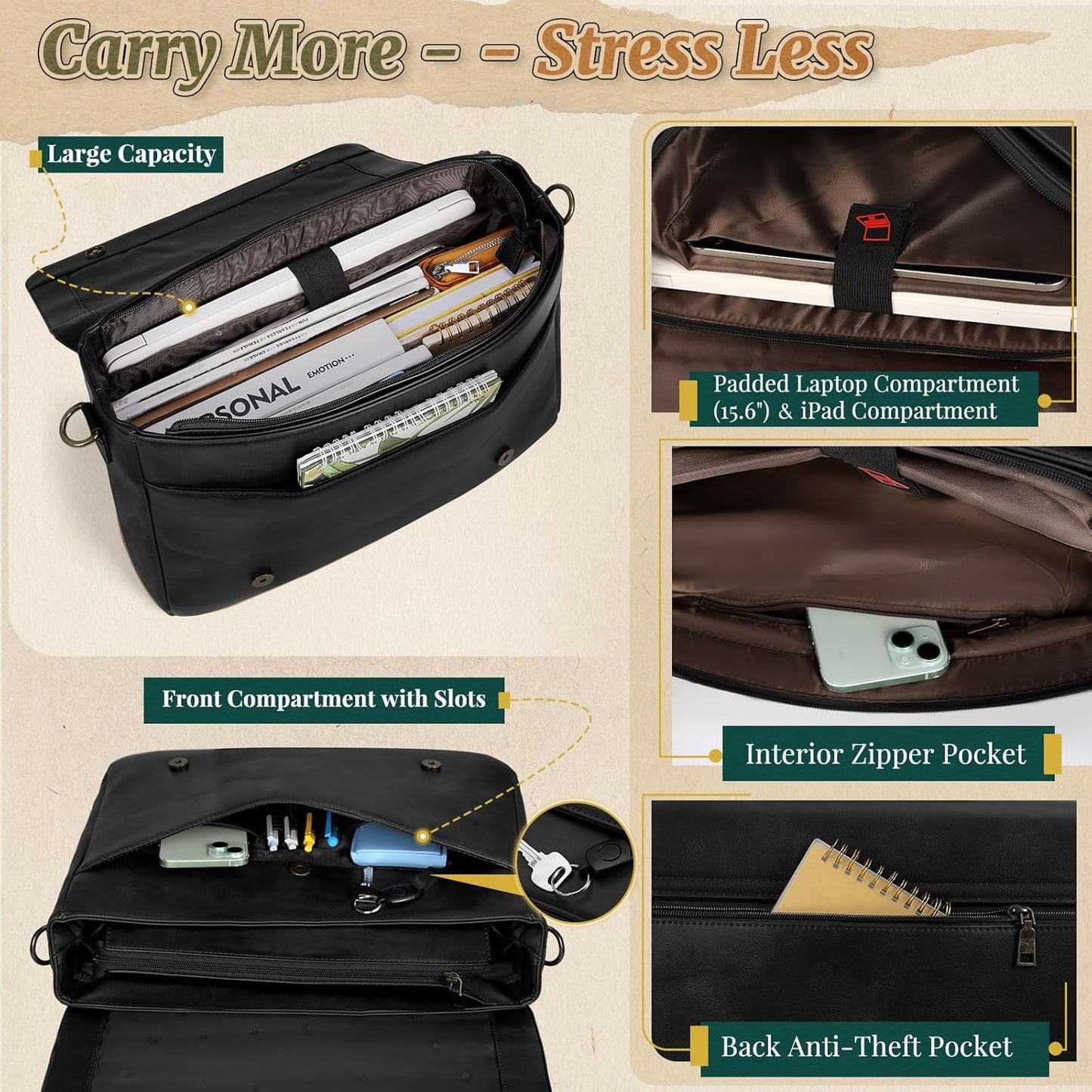 RAINSMORE Vintage Flap Messenger Bag for Men PU Leather Laptop Bag 15.6 Inch Mens Briefcase Waterproof Satchel Computer Bag