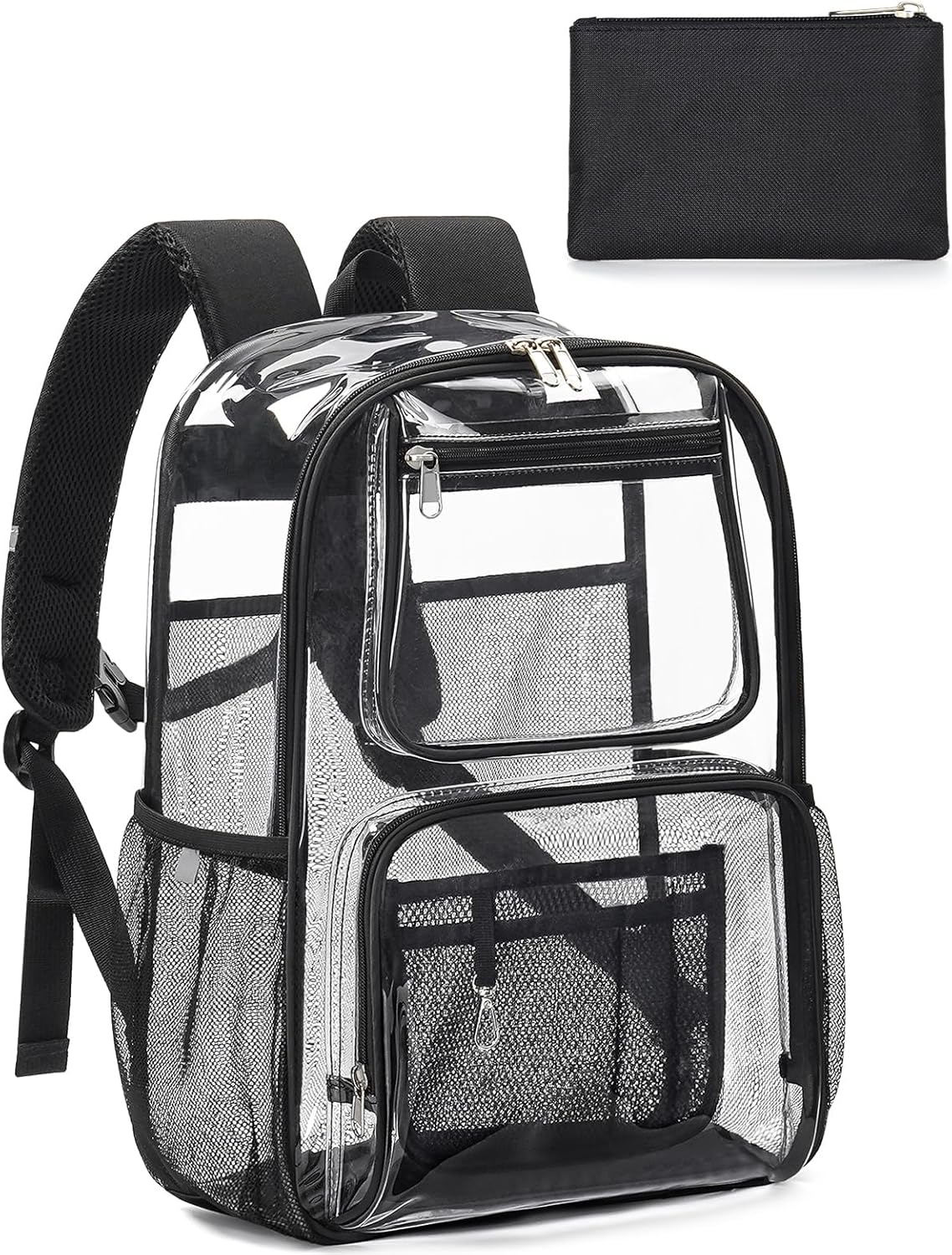 Heavy Duty Clear Backpack For Kids Women Men Boys Girls, 17 Inch Large See Through Backpack, Clear Bookbag With An Extra Pouch Accessories, Transparent Bag For School College Sport Work, Black