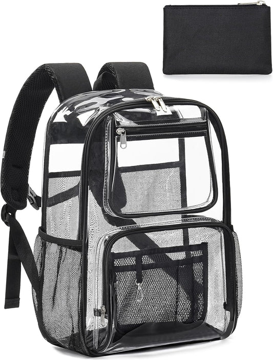 Heavy Duty Clear Backpack For Kids Women Men Boys Girls, 17 Inch Large See Through Backpack, Clear Bookbag With An Extra Pouch Accessories, Transparent Bag For School College Sport Work, Black