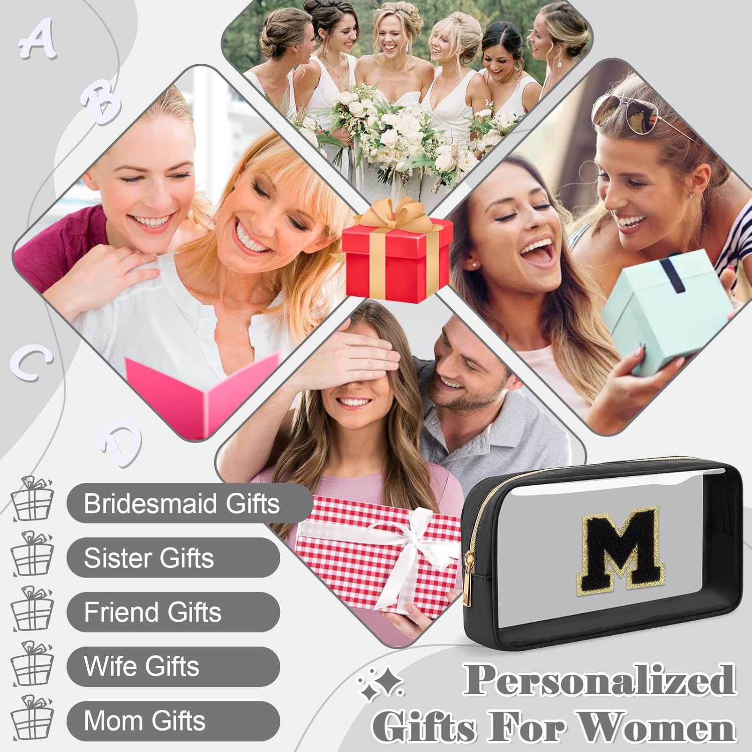 Personalized Initial Letter Clear Makeup Bag,Preppy Small Nylon&PVC Cosmetic Zipper Bag with