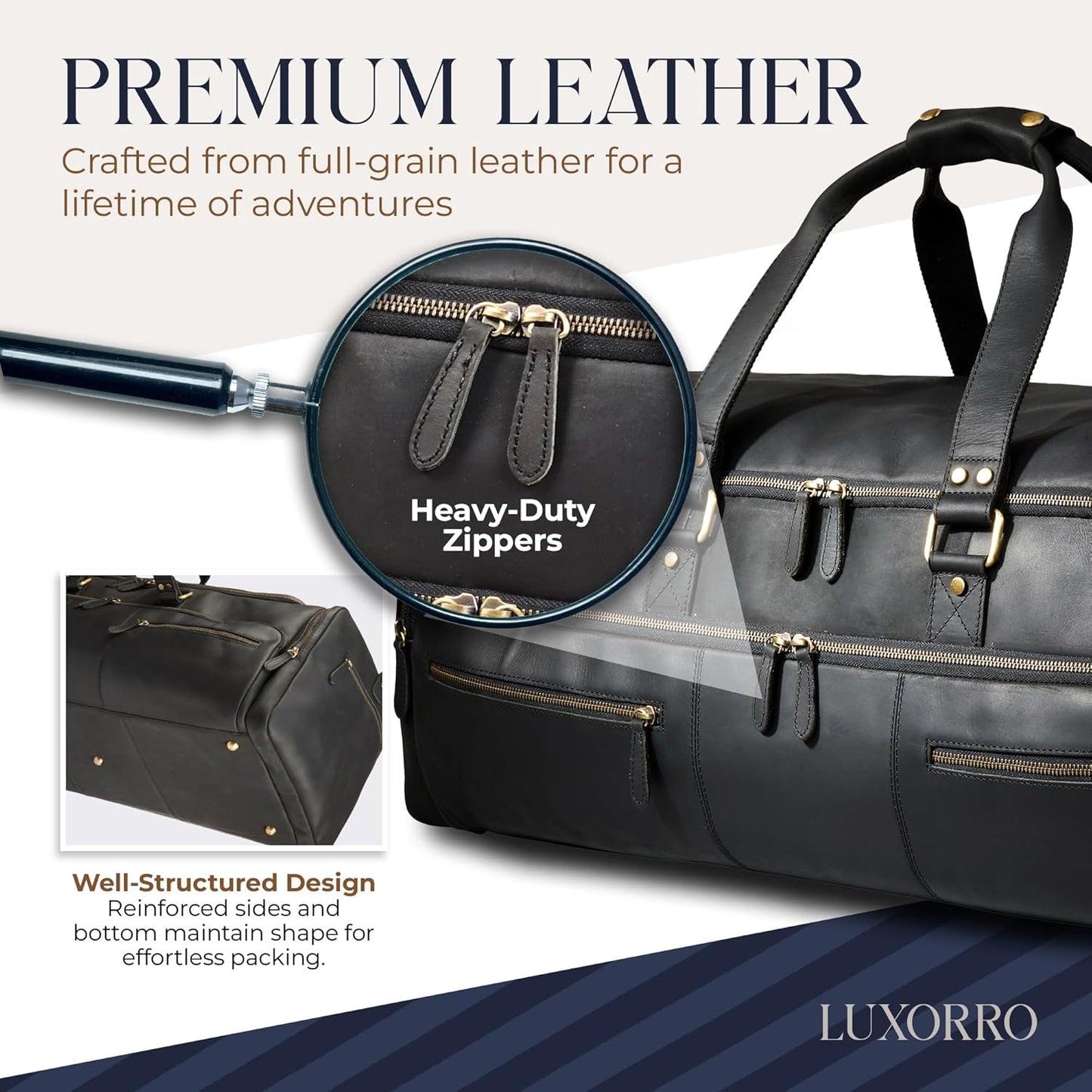Luxorro Full Grain Leather Duffle Bag for Men | Large Weekender & Road Trip Bag | 30 Inch, 70L Capacity | Mens Overnight Travel & Gym Duffel | Black