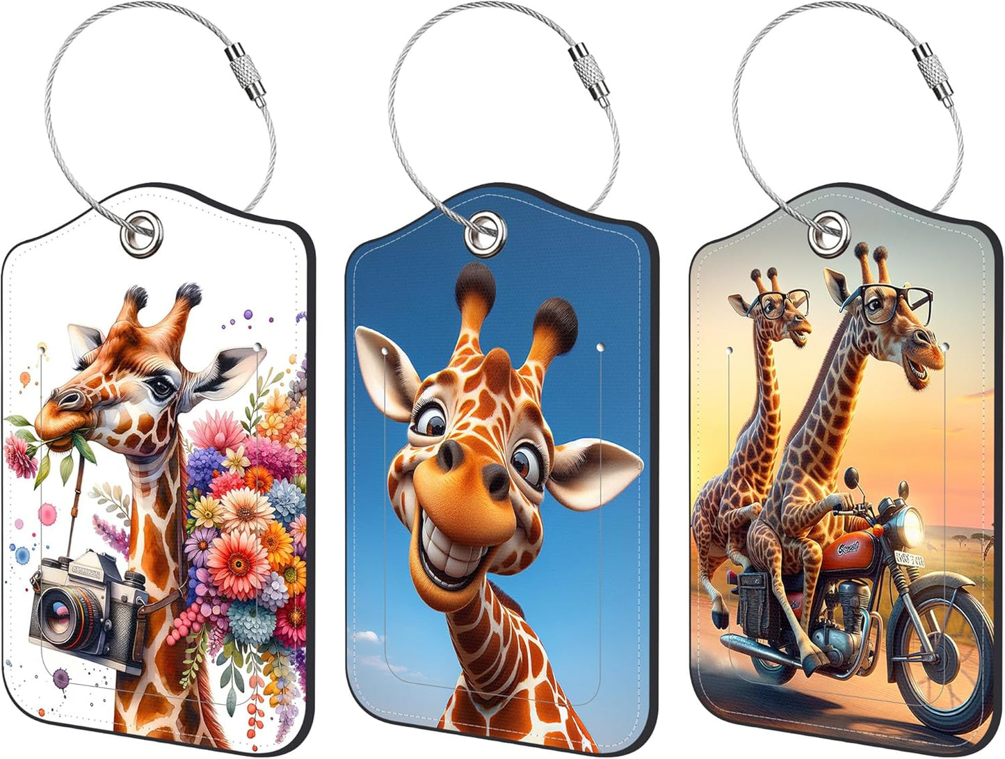 3 Pack Luggage Tags for suitcases Cute Giraffe Leather Luggage Tag, Identifiers with Privacy Name ID Label and Metal Loop for Men Women Travel Bag Suitcase