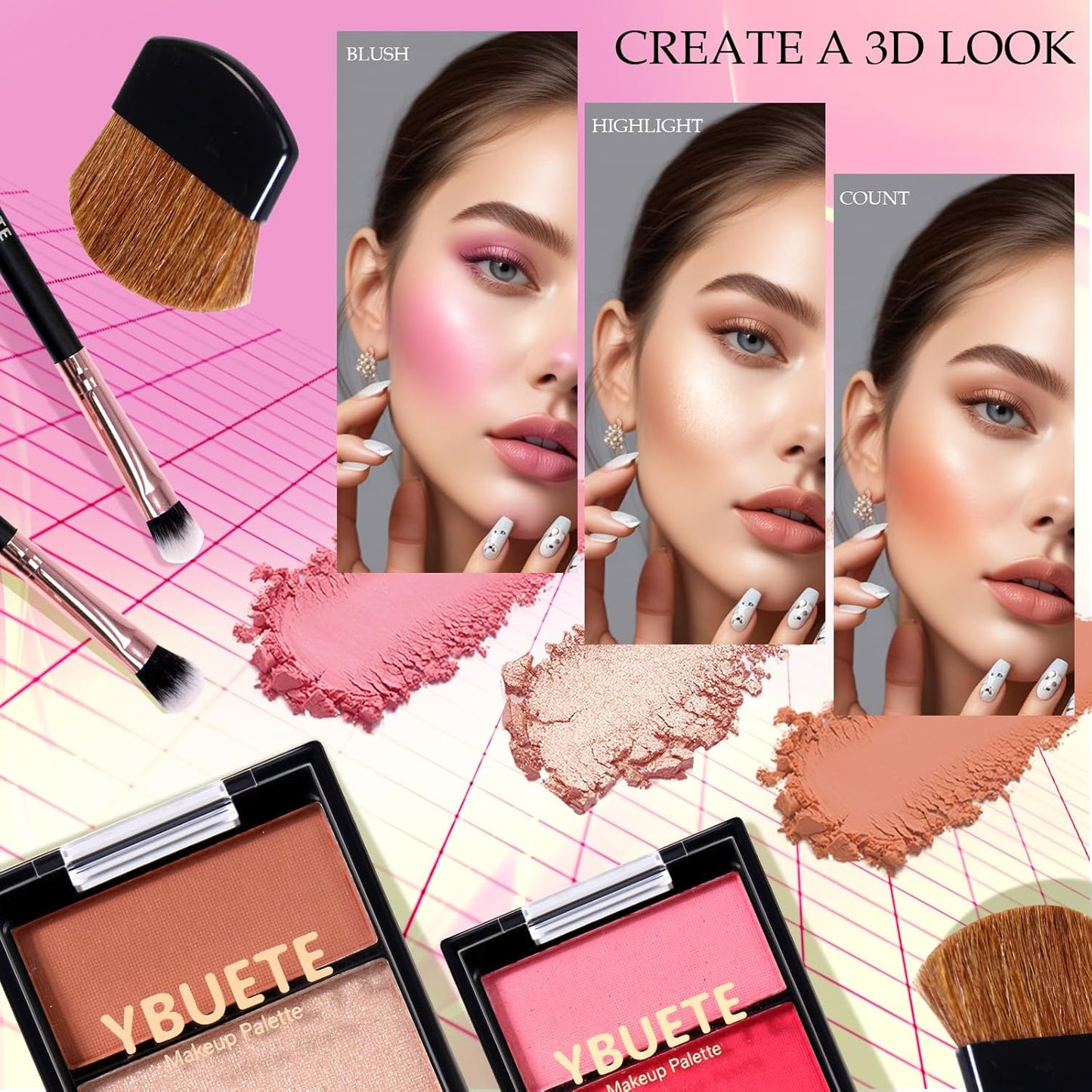 Makeup Starter Set, Beginner Cosmetics Kit, Full Train Case, Eyeshadow, Blusher, Contour, Eyebrow Powder