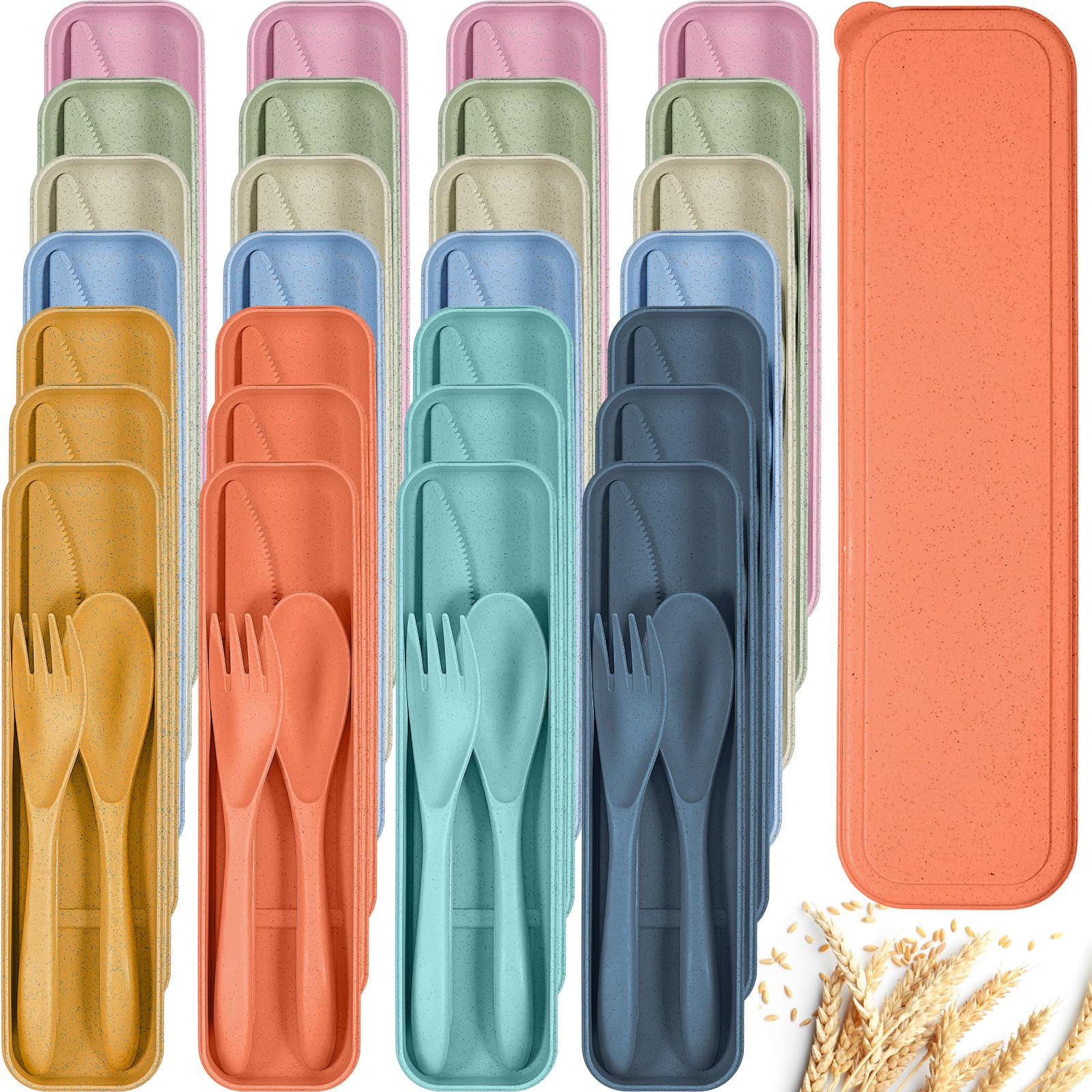 Yahenda 28 Sets Reusable Travel Utensils Set with Case Wheat Straw Cutlery Portable Spoon Knife