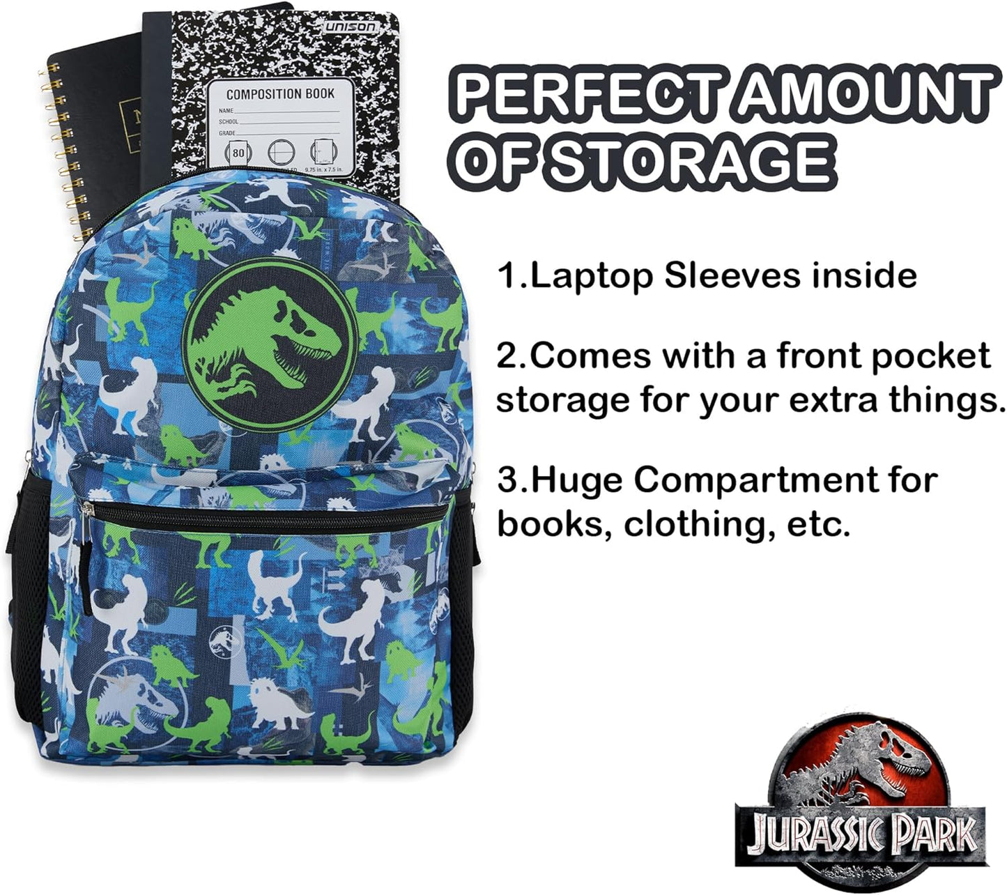 Jurassic World Nylon Allover Print Backpack - Adventure Awaits with Tyrannosaurus Rex, Velociraptor, and Triceratops on this Exciting and Vibrant Adult and Kids School Bag (Blue)