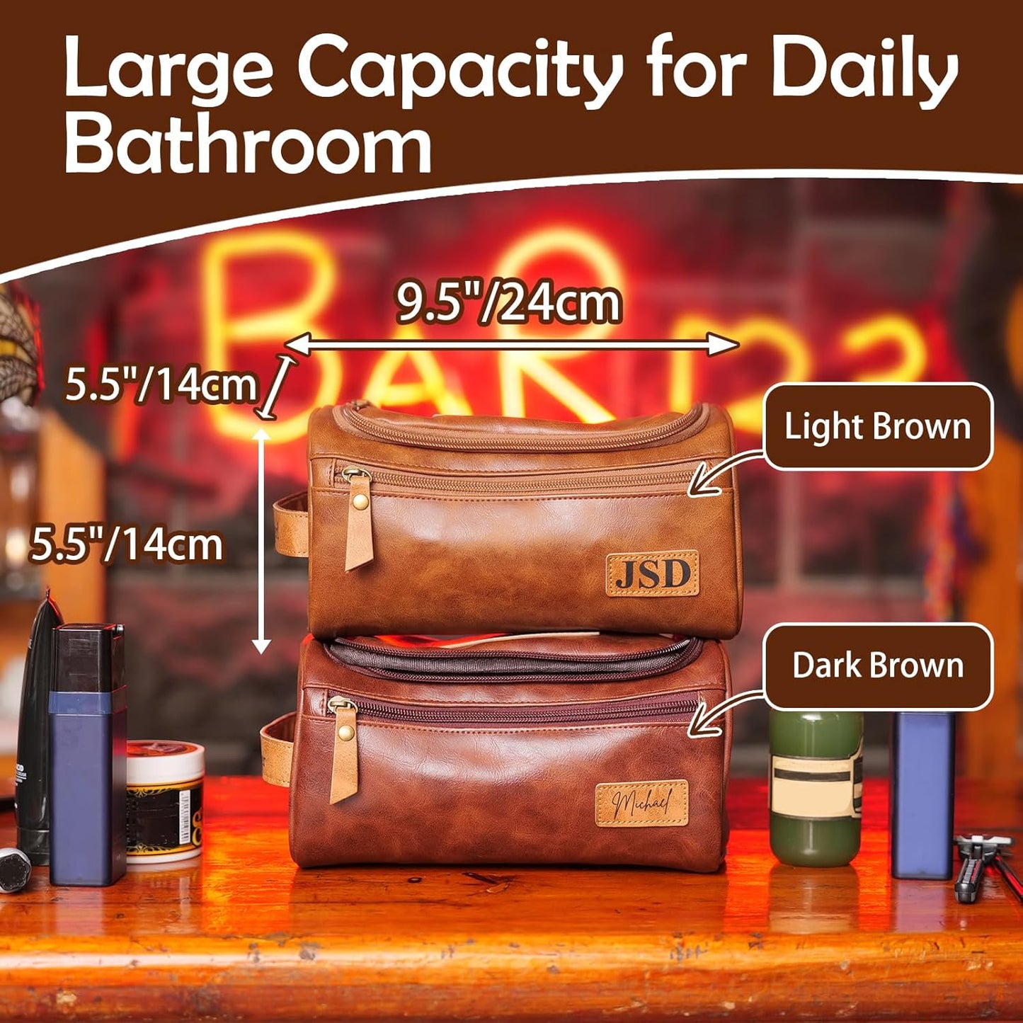 Bleggeit Personalized Toiletry Bag for Men, Laser Engraving on Leather Label, Waterproof PU Leather Toiletry Bag, Men's Travel Accessories, Gifts for Men, Dad, Husband, Boyfriend, Birthday Xmas Gifts